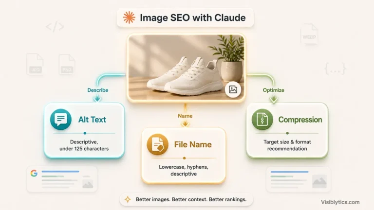 3D isometric visualization showing a central image card with three outputs flowing outward: Alt Text (descriptive text), File Name (lowercase with hyphens), and Compression (target size and format recommendation), representing Claude's role in image SEO. Source: Visiblytics.com.