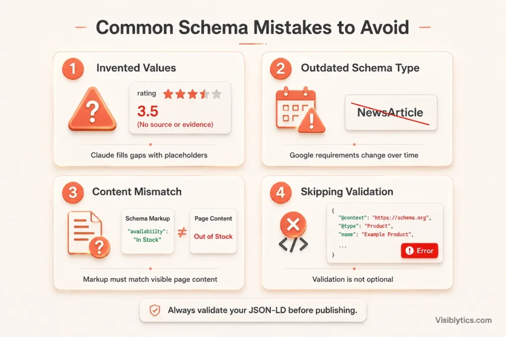 2x2 grid diagram showing four common schema markup mistakes: Invented Values, Outdated Schema Type, Content Mismatch, and Skipping Validation. Source: Visiblytics.com.