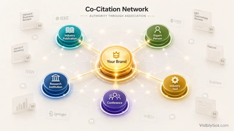 3D isometric visualization showing a central entity node connected by glowing lines to surrounding recognized entity nodes (industry publication, expert person, research institution, conference, industry tool), representing co-citation signals that build entity authority. Source: Visiblytics.com.