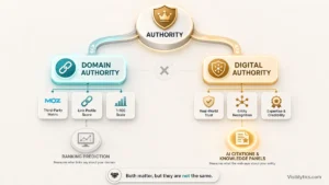 Split-path 3D isometric visualization showing Domain Authority (link-based third-party metric, 1-100 scale, ranking prediction) diverging from Digital Authority (real-world trust, entity recognition, expertise, AI citations and knowledge panels), demonstrating they are different concepts. Source: Visiblytics.com.