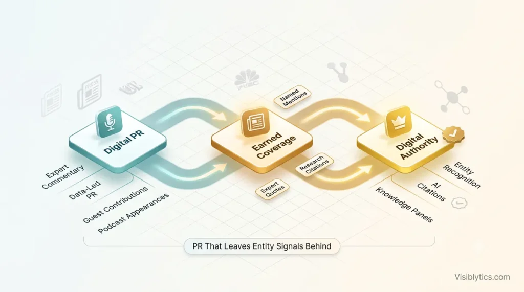 3D isometric pipeline visualization showing Digital PR activities (expert commentary, data-led PR, guest contributions, podcast appearances) flowing through earned coverage to Digital Authority outcomes (entity recognition, AI citations, knowledge panels). Source: Visiblytics.com.