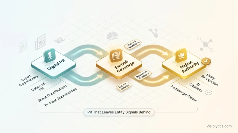 3D isometric pipeline visualization showing Digital PR activities (expert commentary, data-led PR, guest contributions, podcast appearances) flowing through earned coverage to Digital Authority outcomes (entity recognition, AI citations, knowledge panels). Source: Visiblytics.com.