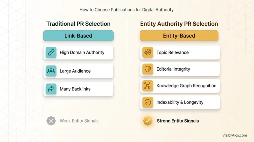 Split-comparison diagram showing traditional link-based publication selection (high domain authority, large audience, many backlinks) versus entity-based selection (topic relevance, editorial integrity, knowledge graph recognition, indexability and longevity). Source: Visiblytics.com.