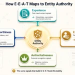 3D isometric visualization showing a central Entity Authority node connected to four E-E-A-T component cards (Experience, Expertise, Authoritativeness, Trustworthiness) with sub-labels showing how each maps to entity signals: original data and case studies, named authorship and credentials, external citations and co-citations, and entity consistency and verifiability. Source: Visiblytics.com.