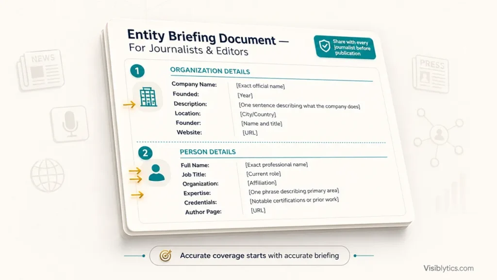 Document-style visualization showing an entity briefing document with organization details (company name, founded, description, location, founder, website) and person details (full name, job title, organization, expertise, credentials, author page) for sharing with journalists before publication. Source: Visiblytics.com.