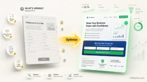 Split-screen 3D visualization showing a generic, underperforming landing page on the left with warning icons, transforming through diagnosis and optimization to a polished, conversion-focused landing page on the right with clear headlines, specific CTAs, and trust signals. Source: Visiblytics.com.