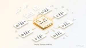 3D isometric visualization showing a glowing original research report card at the center with citation badges radiating outward (cited by industry publication, referenced in AI answer, mentioned in podcast, used as benchmark, shared in newsletter), representing compounding authority through citations. Source: Visiblytics.com.