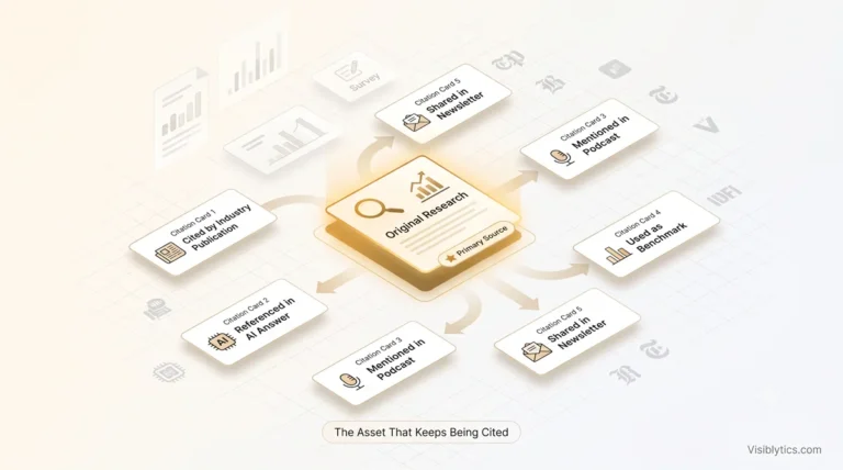3D isometric visualization showing a glowing original research report card at the center with citation badges radiating outward (cited by industry publication, referenced in AI answer, mentioned in podcast, used as benchmark, shared in newsletter), representing compounding authority through citations. Source: Visiblytics.com.