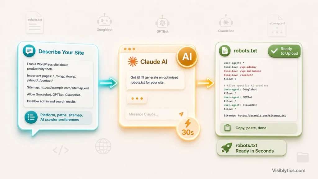 Isometric visualization of a finished robots.txt file preview card showing user-agent blocks, disallow rules, and sitemap directive with Claude AI Generated and Validated badges. Source: Visiblytics.com.