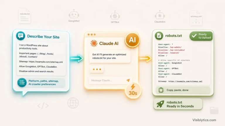 Isometric visualization of a finished robots.txt file preview card showing user-agent blocks, disallow rules, and sitemap directive with Claude AI Generated and Validated badges. Source: Visiblytics.com.