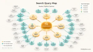 3D isometric visualization showing a central seed keyword node radiating outward to organized tiers of related search queries, long-tail variations, and intent-labeled nodes, representing search query optimization and query clustering. Source: Visiblytics.com.