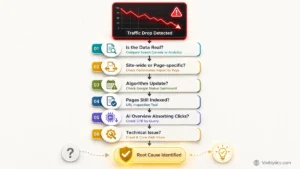 Vertical flowchart visualization showing a 6-step diagnostic workflow for troubleshooting a sudden website traffic drop: Is the Data Real, Site-wide or Page-specific, Algorithm Update, Pages Still Indexed, AI Overview Absorbing Clicks, and Technical Issue, leading to Root Cause Identified. Source: Visiblytics.com.