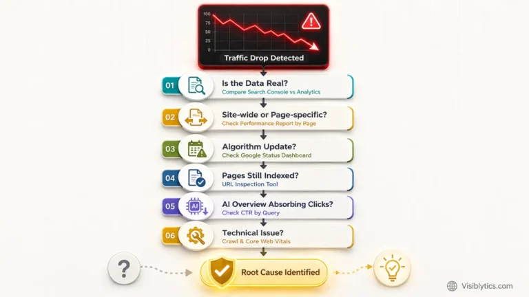 Vertical flowchart visualization showing a 6-step diagnostic workflow for troubleshooting a sudden website traffic drop: Is the Data Real, Site-wide or Page-specific, Algorithm Update, Pages Still Indexed, AI Overview Absorbing Clicks, and Technical Issue, leading to Root Cause Identified. Source: Visiblytics.com.