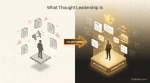Split-screen 3D visualization contrasting self-declared thought leadership (isolated, generic, no engagement) on the left with genuinely recognized thought leadership (citations, publication badges, peer engagement) on the right, with a "The Difference" arrow. Source: Visiblytics.com.
