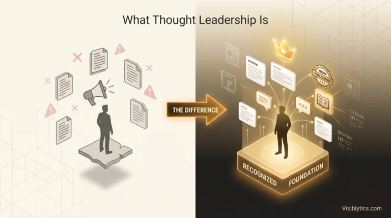 Split-screen 3D visualization contrasting self-declared thought leadership (isolated, generic, no engagement) on the left with genuinely recognized thought leadership (citations, publication badges, peer engagement) on the right, with a "The Difference" arrow. Source: Visiblytics.com.