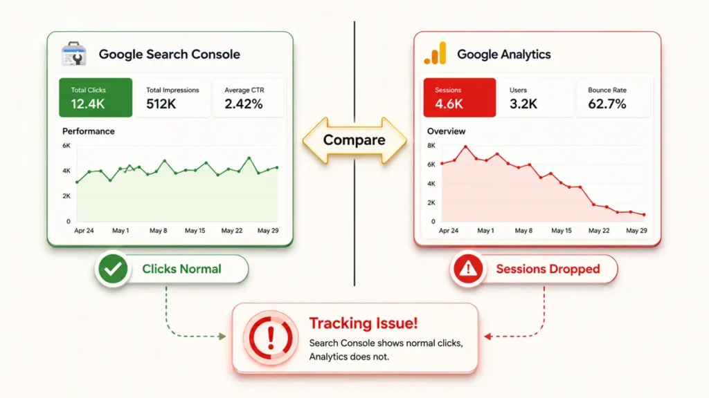 Split-screen comparison showing stable Search Console clicks on the left versus a sharp drop in Analytics sessions on the right, with a "Compare" arrow indicating a tracking issue. Source: Visiblytics.com.