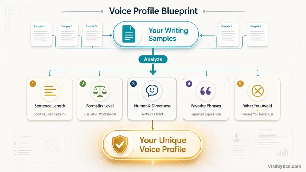 Blueprint-style diagram showing writing samples analyzed into five voice profile components: Sentence Length, Formality Level, Humor & Directness, Favorite Phrases, and What You Avoid, leading to a Unique Voice Profile. Source: Visiblytics.com.
