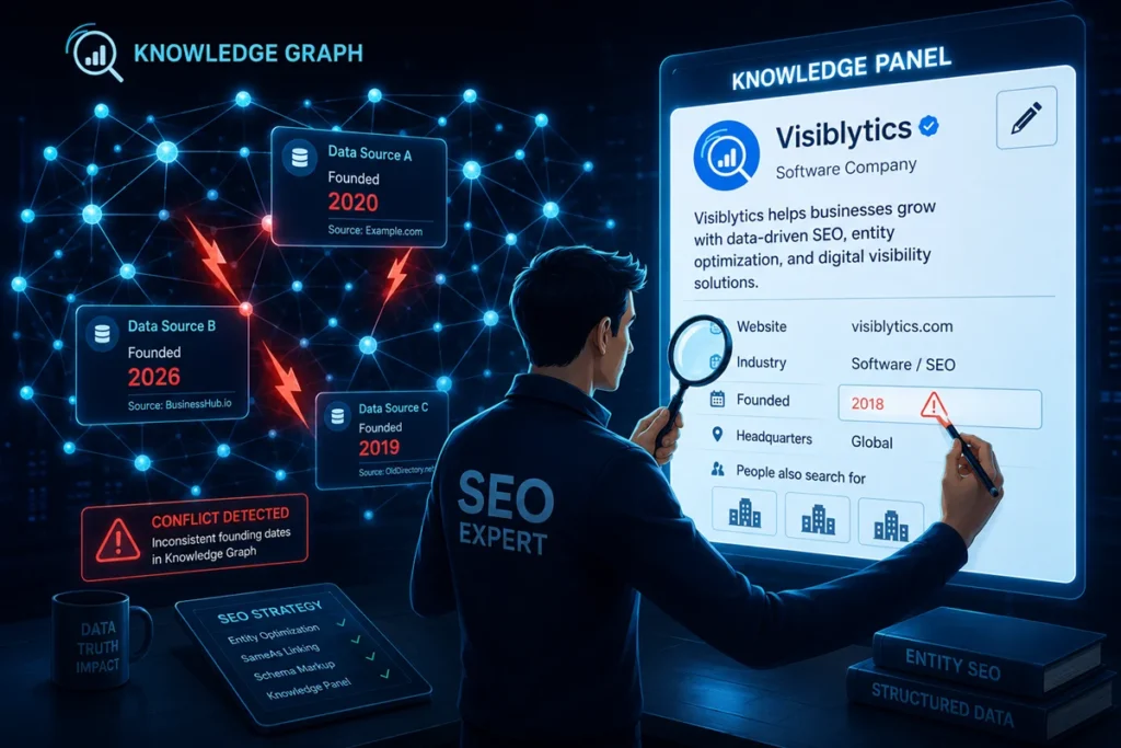 SEO specialist focusing on editing a Knowledge Panel display while ignoring conflicting Knowledge Graph data nodes in the background, illustrating the common mistake of treating them as the same thing.
