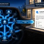 Knowledge Graph vs Knowledge Panel: A digital illustration showing the invisible Knowledge Graph infrastructure (network nodes) in the background powering a visible Knowledge Panel display window in the foreground.