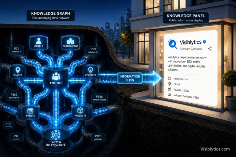 Knowledge Graph vs Knowledge Panel: A digital illustration showing the invisible Knowledge Graph infrastructure (network nodes) in the background powering a visible Knowledge Panel display window in the foreground.