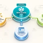 3D isometric visualization showing Wikidata as a central structured knowledge hub connected to Google Knowledge Graph, AI systems (ChatGPT, Gemini, Claude), and your website via sameAs schema, representing entity corroboration. Source: Visiblytics.com.