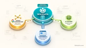 3D isometric visualization showing Wikidata as a central structured knowledge hub connected to Google Knowledge Graph, AI systems (ChatGPT, Gemini, Claude), and your website via sameAs schema, representing entity corroboration. Source: Visiblytics.com.