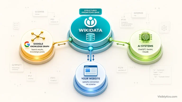 3D isometric visualization showing Wikidata as a central structured knowledge hub connected to Google Knowledge Graph, AI systems (ChatGPT, Gemini, Claude), and your website via sameAs schema, representing entity corroboration. Source: Visiblytics.com.