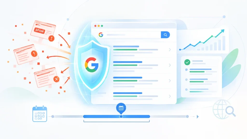 Illustration of Google's September 2026 spam update, showing a protective shield filtering spam and a timeline indicating an extended two-week rollout.