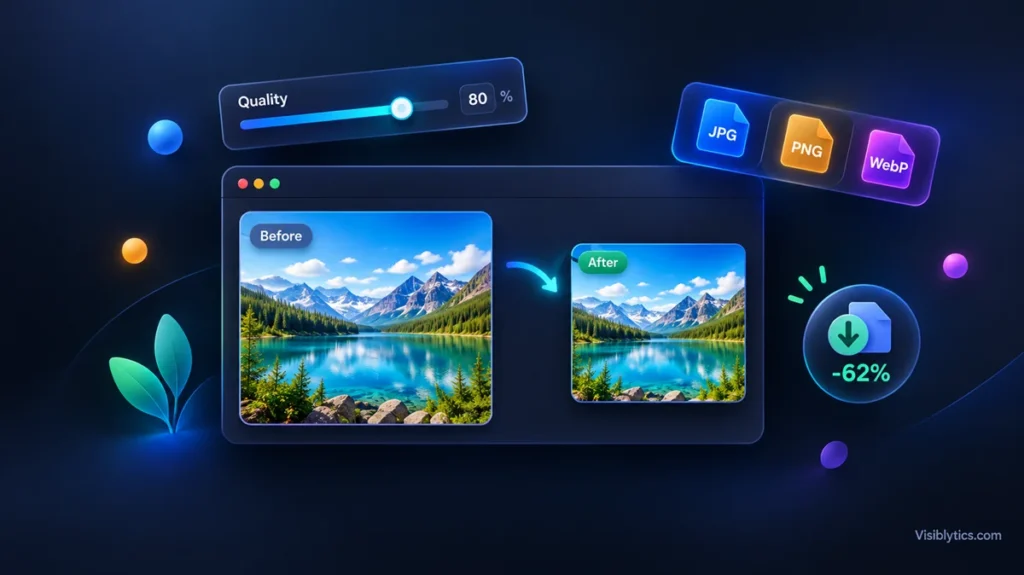 Dark-themed illustration of a browser window comparing a large original image with a smaller compressed version, surrounded by a quality slider, JPG, PNG and WebP format badges, and a reduced file-size indicator.
