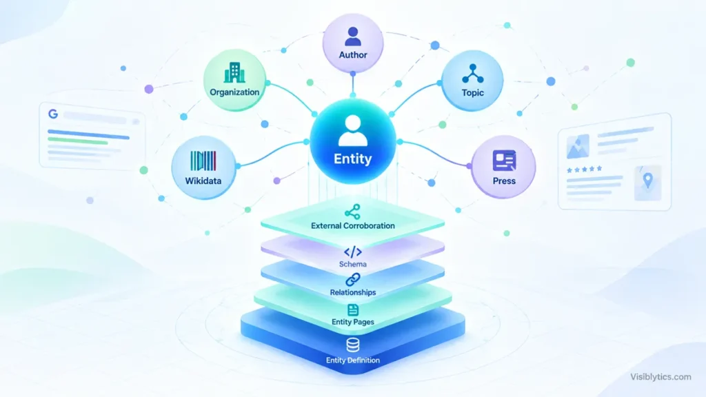Knowledge graph network illustration showing a central entity node connected to related entities, representing Knowledge Graph SEO and entity optimization.