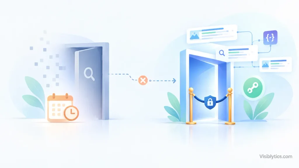 Illustration of a fading doorway representing a shutting-down search API beside a gated doorway representing a partner-only replacement API.