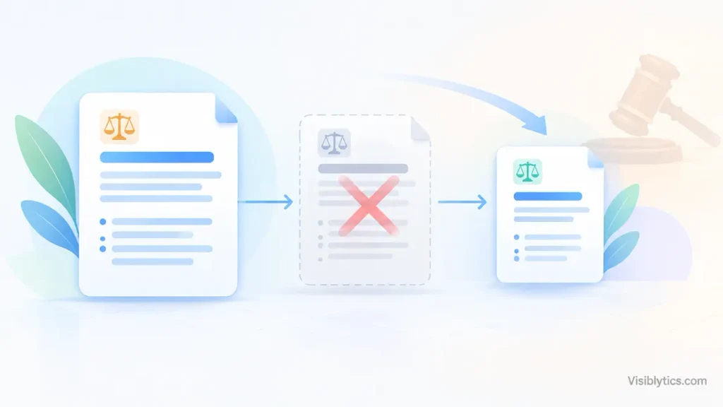 Three-stage timeline illustration showing a legal complaint being dismissed and then refiled in narrower form, representing the Google vs. SerpApi case progression.
