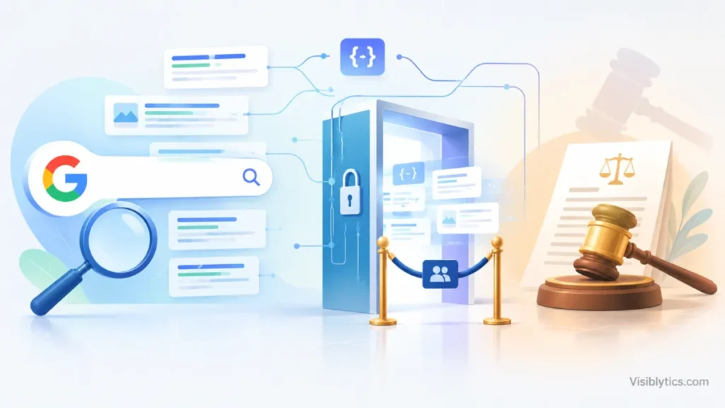 Editorial illustration of a search bar and a gavel with a narrowing gate, representing Google's lawsuit against a SERP-scraping company and its new partner-gated Search API.