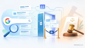 Editorial illustration of a search bar and a gavel with a narrowing gate, representing Google's lawsuit against a SERP-scraping company and its new partner-gated Search API.