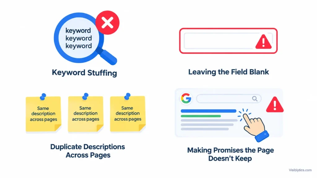 Grid of four icons illustrating common meta description mistakes: keyword stuffing, leaving the field blank, duplicate descriptions, and misleading promises that hurt click‑through rate.

