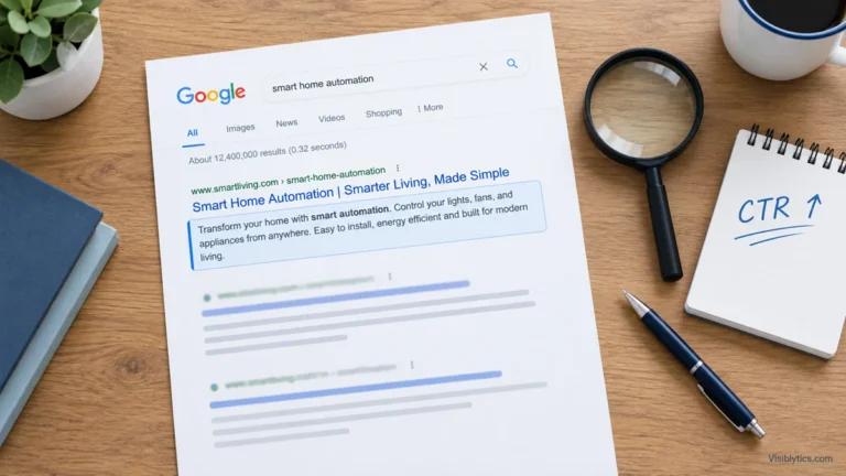 Flat‑lay of a Google SERP printout with a highlighted meta description, a magnifying glass, and a notebook showing “CTR ↑” – illustrating the indirect SEO impact of meta descriptions through click‑through rate.