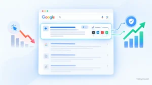 Illustration of a Google AI Overview citation card glowing above dimmed traditional search results, with a downward clicks arrow and an upward visibility arrow, representing how AI Overviews change B2B search traffic.