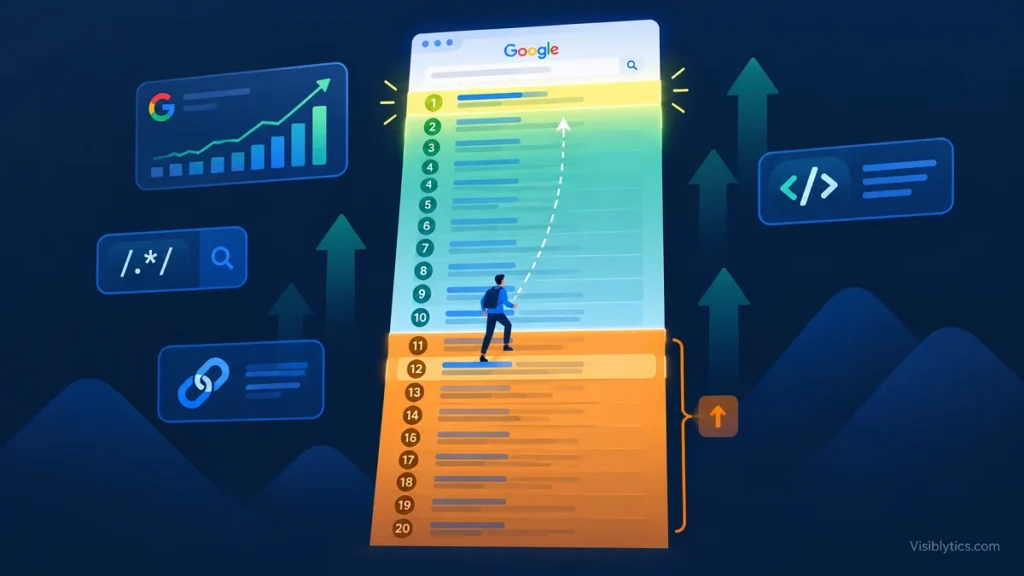 Striking distance SEO illustration: climbing from page 2 to page 1 on Google search results