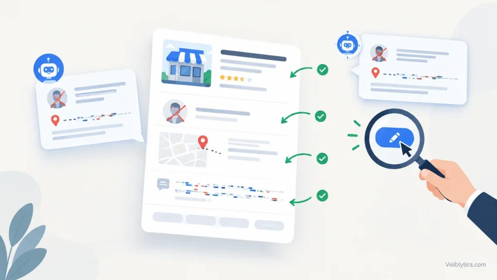 Illustration of a Google business knowledge panel displaying incorrect founder, address, and description details, with an AI answer repeating the errors and a cursor clicking "Suggest an edit" to fix them.