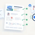 Illustration of a Google business knowledge panel displaying incorrect founder, address, and description details, with an AI answer repeating the errors and a cursor clicking "Suggest an edit" to fix them.