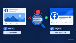 Flat-design illustration comparing a Facebook Post ID and a Facebook Page ID side by side, with a magnifying glass and warning icon highlighting how the two numeric IDs are easily confused.