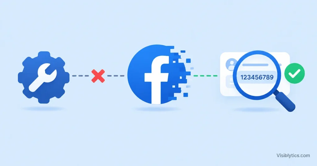 A broken connection between a third-party tool and a Facebook Page icon, with a magnifying glass inspecting a numeric Page ID and a green checkmark, representing how to fix a Facebook Page ID error.