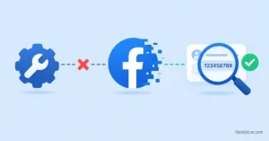 A broken connection between a third-party tool and a Facebook Page icon, with a magnifying glass inspecting a numeric Page ID and a green checkmark, representing how to fix a Facebook Page ID error.