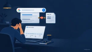 Illustration of a blog post sitting outside Google search results beside a flat analytics graph, representing a published post that isn't ranking