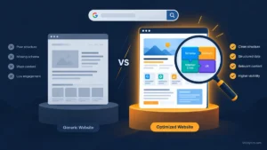 Illustration comparing a low-ranking generic webpage to a higher-ranking well-structured competitor page in search results