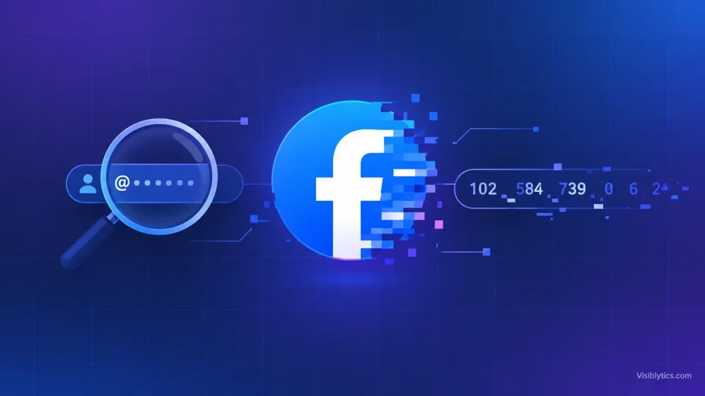 A digital illustration of a Facebook logo glitching next to a magnifying glass over a username, representing an error when trying to find a Facebook profile ID from a username.
