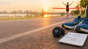 Running pace and finish time calculation concept with running shoes, a watch, and a finish line