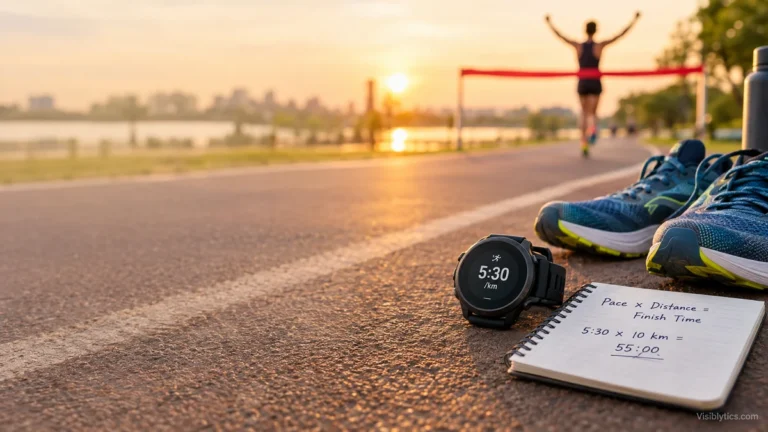 Running pace and finish time calculation concept with running shoes, a watch, and a finish line