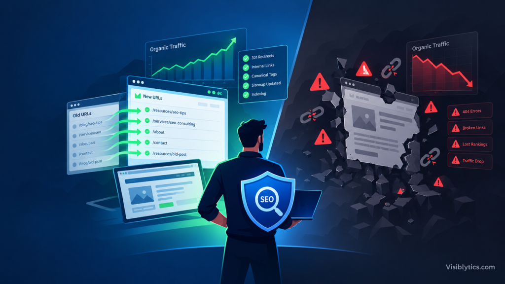 Isometric illustration of a glowing redirect chain linking an old website wireframe to a new one, with an upward traffic line arcing overhead
