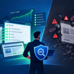 Isometric illustration of a glowing redirect chain linking an old website wireframe to a new one, with an upward traffic line arcing overhead